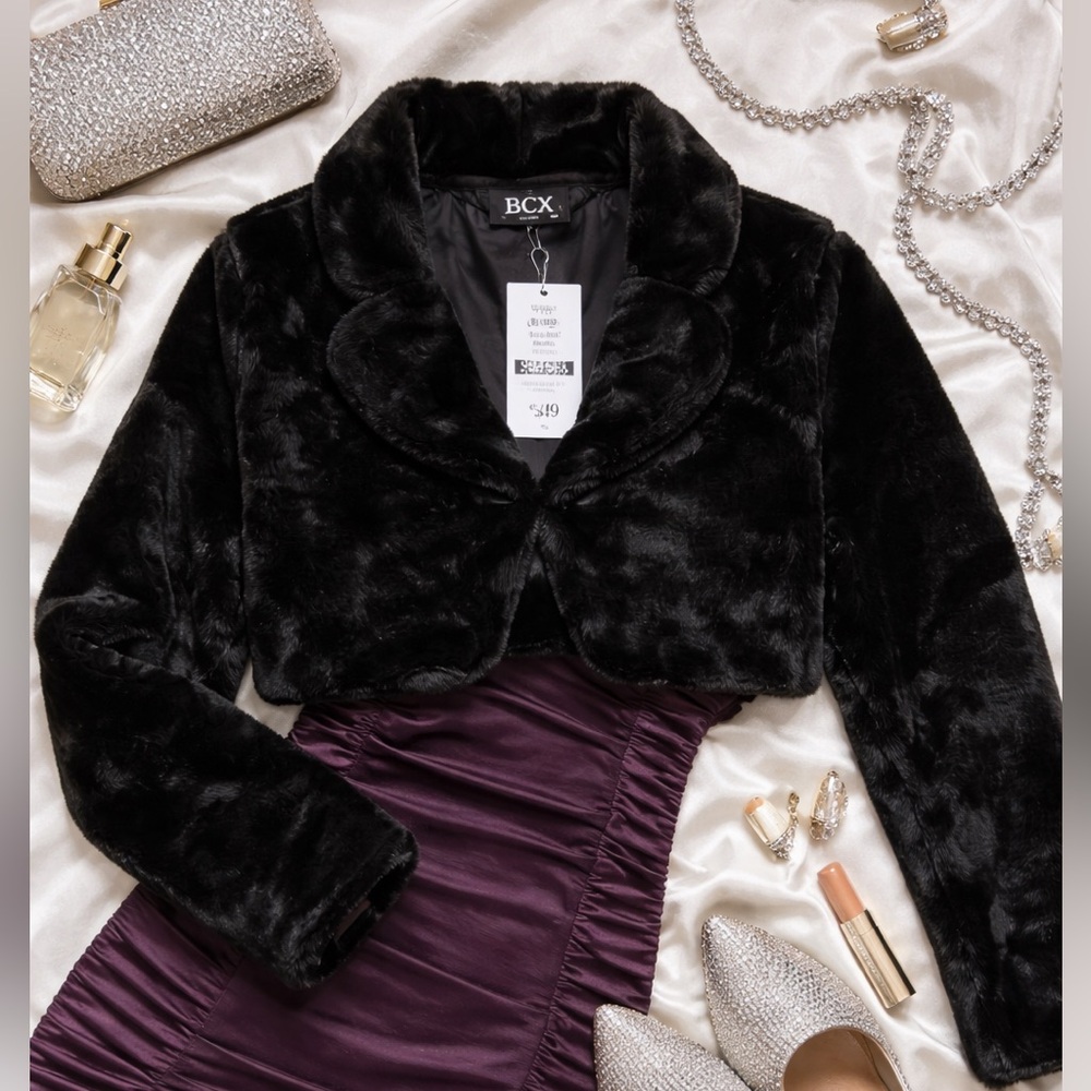 BCX Cropped Faux Fur Bolero Jacket – Black – NWT – Size Small Glam Luxury